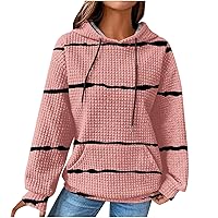 Waffle Hoodie Women Trendy Striped Print Hooded Sweatshirts Fall Sweater Oversized Lightweight Pullover with Pockets