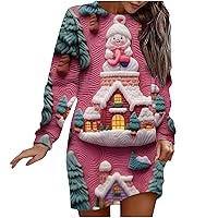 2023 Christmas Dress for Women Long Sleeve Oversized Sweatshirt Crewneck Funny 3D Look Print Winrter Sweater Dresses