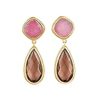 Guntaas Gems Cushion Pear Shape Pink Sugar Druzy Brown Smoky Quartz Gold Plated Brass Metal Earring Jewelry Girls Women Earring Jewelry