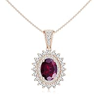 Natural 7x5mm Rhodolite Garnet Oval Pendant Necklace with Diamond for Women in 14K Rose Gold