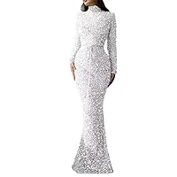 Sequins Mermaid Prom Dresses 2023 Sparkly High Neck Long Sleeve Bodycon Formal Evening Party Gowns with Belt