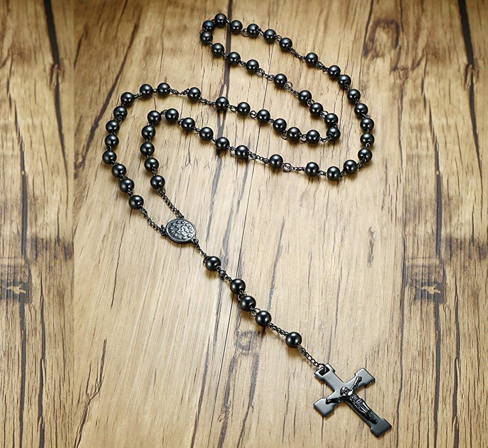 Catholic Stainless Steel Beads Rosary Necklace Crucifix Jesus Cross Medal Religious Prayer Necklaces 4mm/6mm/8mm Black