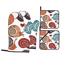 (Cute Snail) 4 Oven Mitts and Pot Holders Sets Farmhouse Kitchen Gloves for Cooking Grilling Baking BBQ Mushroom Pot Holders Cook Essentials Accessories