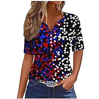 Womens American USA Flag 4Th of July Tops Summer Short Sleeve Button V Neck T Shirts Patriotic Star Stripes Tees