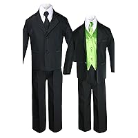 Unotux 7pc Boys Black Suit with Satin Lime Green Vest Set from Baby to Teen