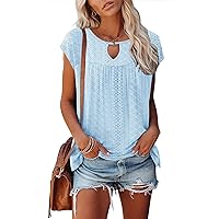 Womens Summer Tops 2023 Casual Dressy Short Cap Sleeve Shirts Pleated Fashion Floral Print Chic Hollow Loose Fit Cute Tops