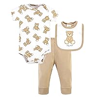 Hudson Baby Unisex Baby Cotton Bodysuit, Pant and Bib Set, Teddy Bears, 6-9 Months