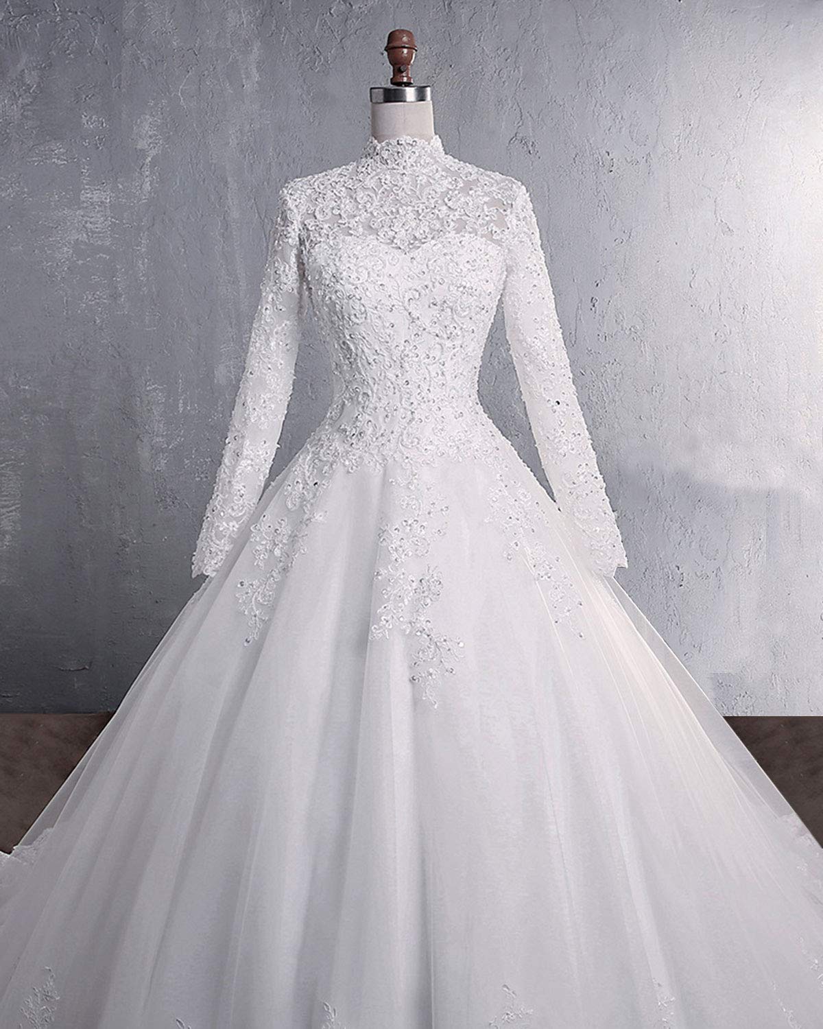 Ever-Beauty Women's White Lace Wedding Dress Long Sleeve Vintage Bridal Gowns