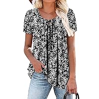 BETTE BOUTIK Womens Summer Tops Pleated Crewneck Corded Short Sleeve Tunic Shirts Tops Blouses