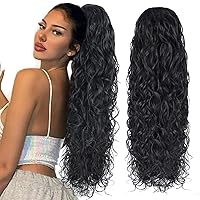 Fashion Icon Curly Wavy Ponytail Extension Clip In Wave Real Hair Black Ponytail Drawstring Clip On Extensions Hair Body Thick Weave Fake Pony tails Synthetic Hairpiece for Women 26 Inch