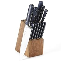 MARTHA STEWART Eastwalk 14 Piece High Carbon Staineless Steel Cutlery Set w/ABS Triple Riveted Forged Handle Acacia Wood Block - Navy Blue