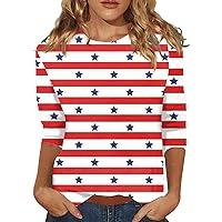 4Th of July Tops for Women 2024, American Flag Striped Print Patriotic T-Shirt 3/4 Length Sleeve Crewneck Casual Loose Tunic