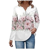 Womens Shirts Dressy Casual Women's Fashion Casual V Neck Long Sleeve Floral Print Button T-Shirt Top