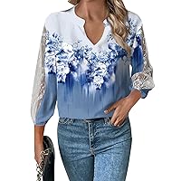 3/4 Length Sleeve Womens Tops Dressy Casual Lace Sleeve V Neck Boho Tops Loose Floral Going Out Business Tunic Tops