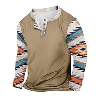 Mens Fashion Long Sleeve Henley Shirts Casual Slim Fit Basic Work Shirts Western Aztec Ethnic Print Button Tops