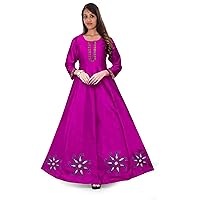 Indian Women Silk Dress Long Embroidered Tunic Ethnic Party Wear Frock Suit Bohemian Maxi Dress Pink Color (6XL)