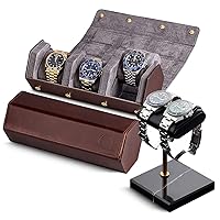 Genuine Leather Watch (Brown/Grey) and Watch Stand (Black/Gold/Black)