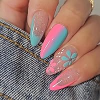 24Pcs Press on Nails Almond Medium Fake Nails with Flower Designs Gradient Glitter Round Tip Acrylic Nails Stick on Nails Glossy Nude Artificial Nails for Women and Girls Manicure Art Daily Wear