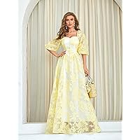 Women's Dresses Floral Pattern Sweetheart Neck Puff Sleeve Mesh Overlay Dress Dress for Women (Color : Yellow, Size : Small)