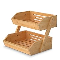 2 Tier Fruit Basket For Kitchen- Bamboo Fruit and Vegetable Storage Bowl Stand For Kitchen Countertop, Produce Basket Fruit Holder for Potato, Onion, Bread, Snack Storage