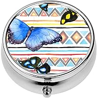 Mini Portable Pill Case Box for Purse Vitamin Medicine Metal Small Cute Travel Pill Organizer Container Holder Pocket Pharmacy Geometric Butterflies Repeating Decorative Ornamental Design