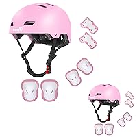 Kids Bike Helmet with Knee Pads Elbow Pads Wrist Guards for Age 3-14+ Youth/Teens, Pink Small and Pink Medium