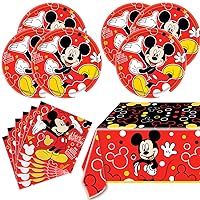 Mickey Birthday Party Supplies, 16 Plates + 20 Napkin + 1Tablecloth，Mickey Party Decorate Supplies.