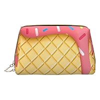 Ice Cream And Waffle Pattern Print Leather Clutch Zipper Cosmetic Bag, Travel Cosmetic Organizer, Leather Storage Cosmetic Bag