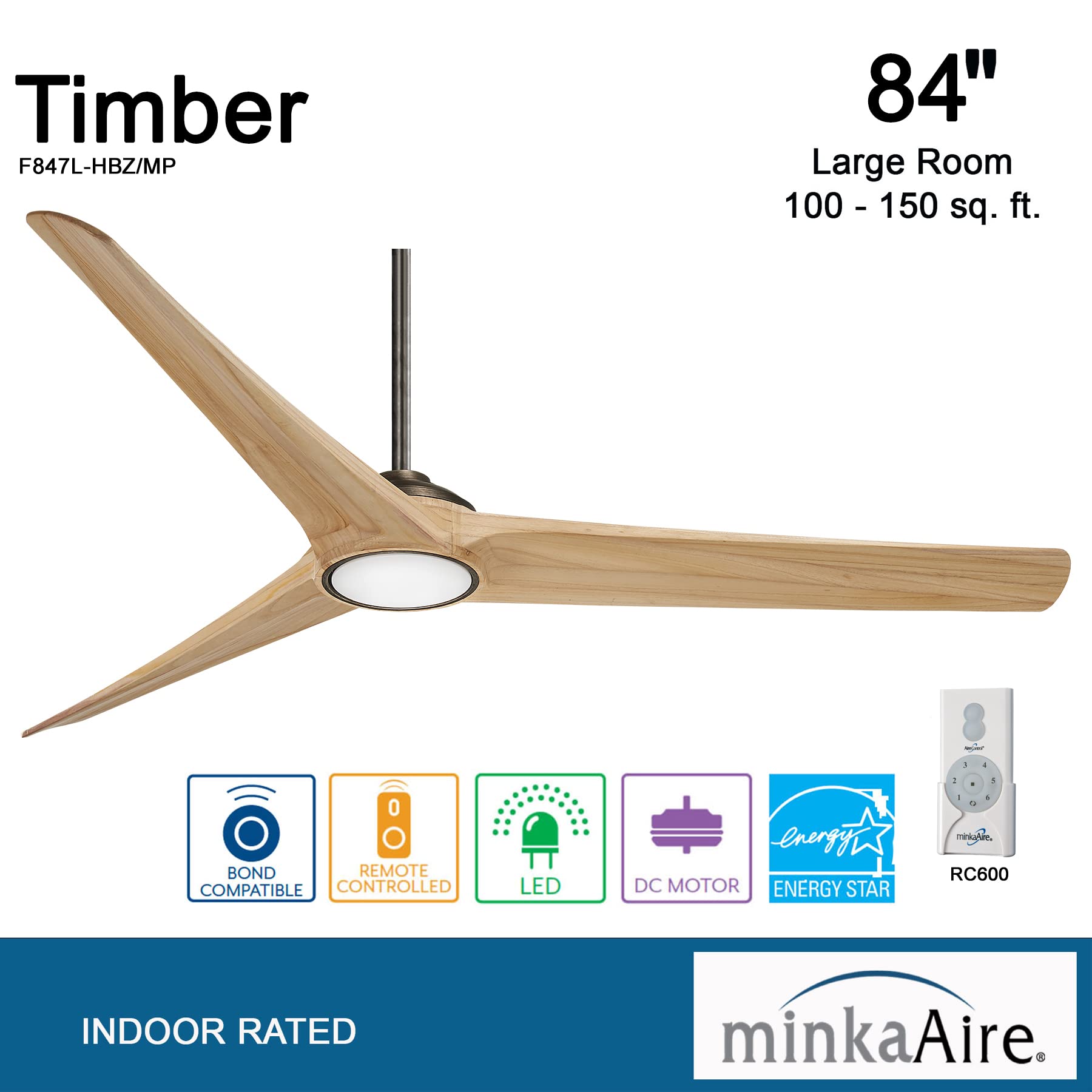 MINKA-AIRE F847L-HBZ/MP Timber 84 Inch Ceiling Fan with Integrated LED Light and DC Motor in Heirloom Bronze Finish and Maple Blades