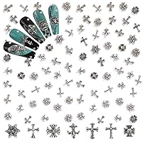 CAMLO 3D Chrome Cross Silver Metal Nail Charms Vintage Punk Gothic Retro Hearts Crosses Skulls Assorted for Manicure Craft DIY Nail Art Decoration Accessories