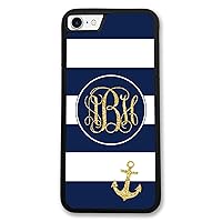 iPhone 8 Plus, Phone Case Compatible with iPhone 8 Plus [5.5 inch] Navy Blue Stripes Nautical Anchor Monogram Monogrammed Personalized IP8P