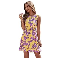 SweatyRocks Women's Boho Floral Print Sleeveless Tank Dress Summer Ruffle Hem Flare Short Dresses