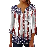 4th of July Outfits for Women,4th of July Shirts for Women Independence Day Star Stripes Print Tops Casual Bell 3/4 Sleeve Button V Neck Blouse Womens 3/4 Sleeve Tops