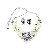 Ad/Cz Oxidised Kundan Cheed Choker Necklace set For Women's & Girls (Green)