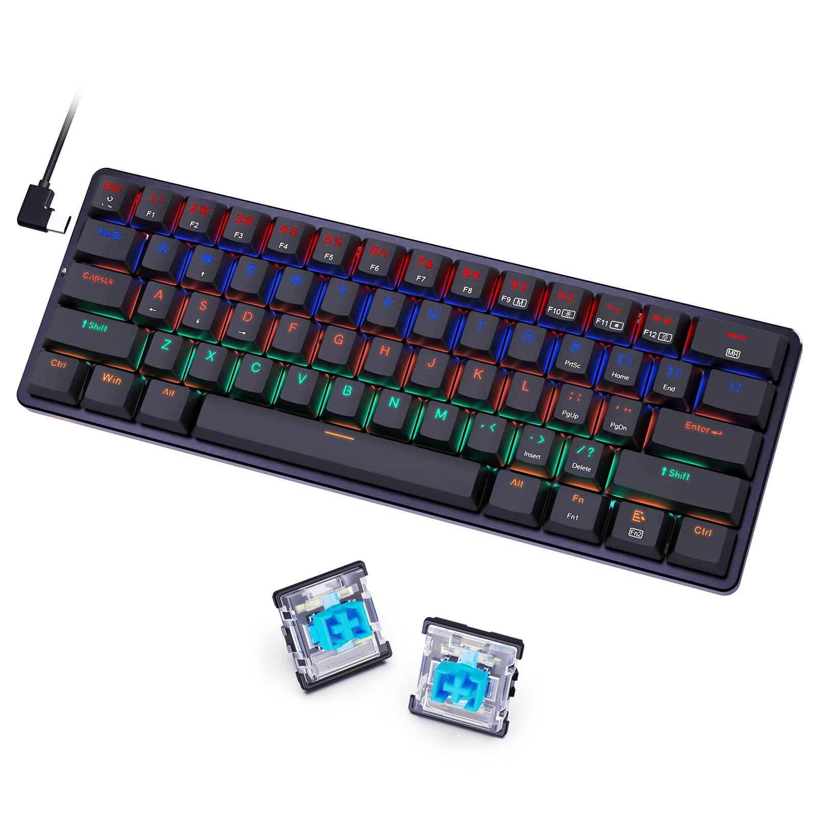 Redragon 60 Percent Mini Keyboard, Mechanical Gaming Keyboard with Low Profile Blue Switches, 18 LED Backlits, Wired Compact Portable Keyboard for Windows PC Mac, Typing, Travel, K615