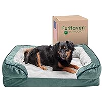 Furhaven Cooling Gel Dog Bed for Medium/Small Dogs w/ Removable Bolsters & Washable Cover, For Dogs Up to 35 lbs - Plush & Velvet Waves Perfect Comfort Sofa - Celadon Green, Medium