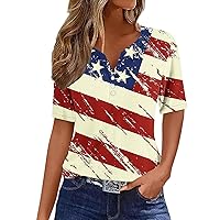 Womens 4th of July Shirts Button V Neck Tops American USA Flag Star Stripes Tees Short Sleeve Patriotic Tshirts