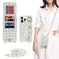 iPhone 14 pro Case with Card Holder for Women,Bandolier iPhone 14 pro Phone Case Wallet with Strap Credit Card Slots Crossbody with Kickstand Zipper Case for iPhone14pro - White Leopard