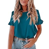 Womens Summer Tops 2024 Ruffle Short Sleeve Casual Fashion Crewneck T-Shirts Solid Color Tunic Blouses Shirts