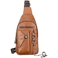 BULLCAPTAIN Genuine Leather Sling Bag for Men Crossbody with Cellphone Stand Chain Chest Shoulder Backpack Daypack XB-520