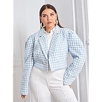 OVEXA Women's Large Size Fashion Casual Winte Plus Plaid Puff Sleeve Crop Overcoat Leisure Comfortable Fashion Special Novelty (Color : Blue and White, Size : X-Large)