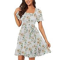 Women Boho Floral Belted Ruffle Wrap A-Line Dress Summer Square Neck Short Sleeve Casual Asymmetrical Mini Dresses