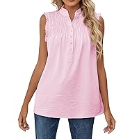 Women's Tops, Ladies Casual Sexy Sleeveless High Neck Button Ruffle Pleated Loose Top Women Blouses Elegant Shirts Summer