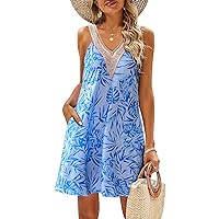 SimpleFun Summer Dresses for Women Beach Lace V-Neck Sundresses Casual Tropical Print Sleeveless Short Dress with Pockets