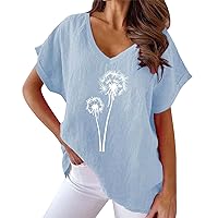 XJYIOEWT Uniform Shirts for Girls Women's Short Sleeved Dandelion Print V Neck Loose Casual T Shirt Long Sleeve Compres