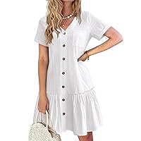 HOTOUCH Women Button Down Dress Loose Summer Cotton Linen Dress Ruffle Hem Casual Dress Short Sleeve Tunic Dress