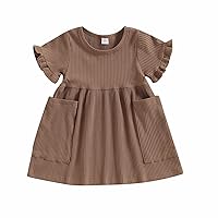 Girls Solid Color Simple Strip Pocket Lace Short Sleeved Dress Three Color Dress Princess Dress Clothes Girl in