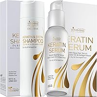 Vitamins Keratin Shampoo and Serum Kit - Protein Clarifying Shampoo and Weightless Anti Frizz Serum Set for Color Treated Frizzy Dry Damaged Hair and Scalp - Shine and Gloss Boost