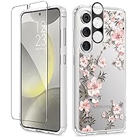 GVIEWIN for Samsung Galaxy S24 Plus Case with Screen Protector+Camera Lens Protector, Clear Stylish Floral Pattern Slim Protective S24+ Plus Cover for Women 6.7