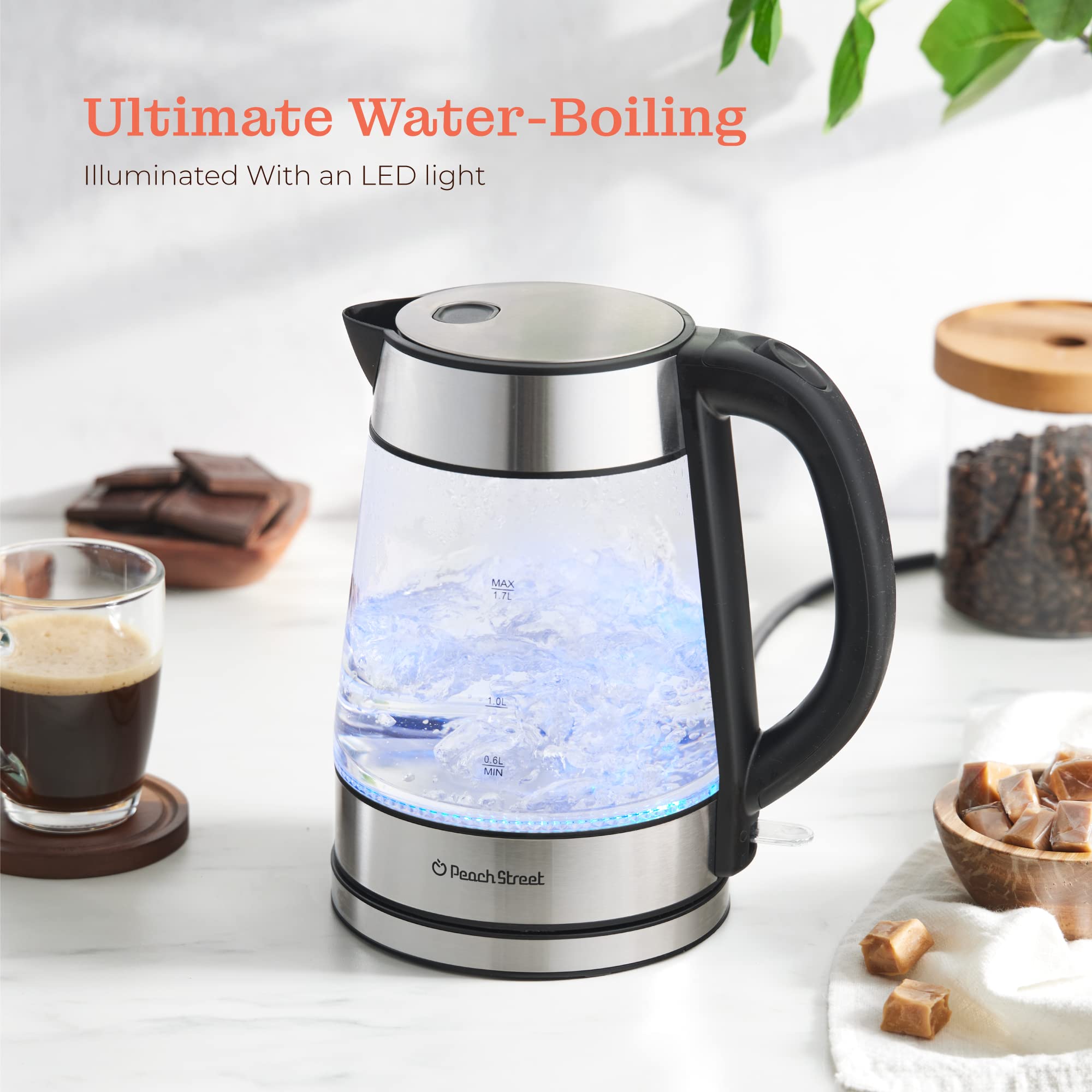 Speed-Boil Electric Kettle - 1.7L Water Boiler 1500W, Coffee & Tea Kettle Borosilicate Glass, Easy Clean Wide Opening, Auto Shut-Off, Cool Touch Handle, LED Light. 360° Rotation, Boil Dry Protection
